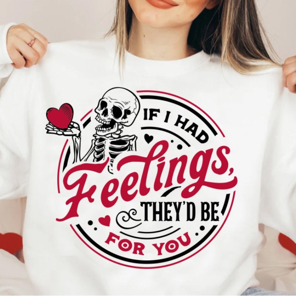 White Crewneck Sweatshirt with Skeleton and Heart Graphic